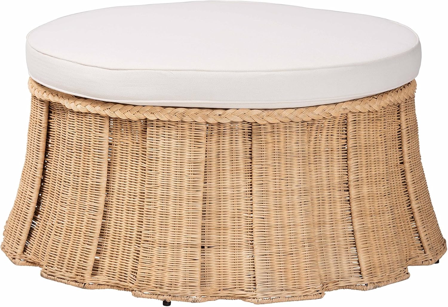 Round wicker ottoman with a pleated base and a white cushioned top, perfect for interior designers seeking stylish, functional accents.