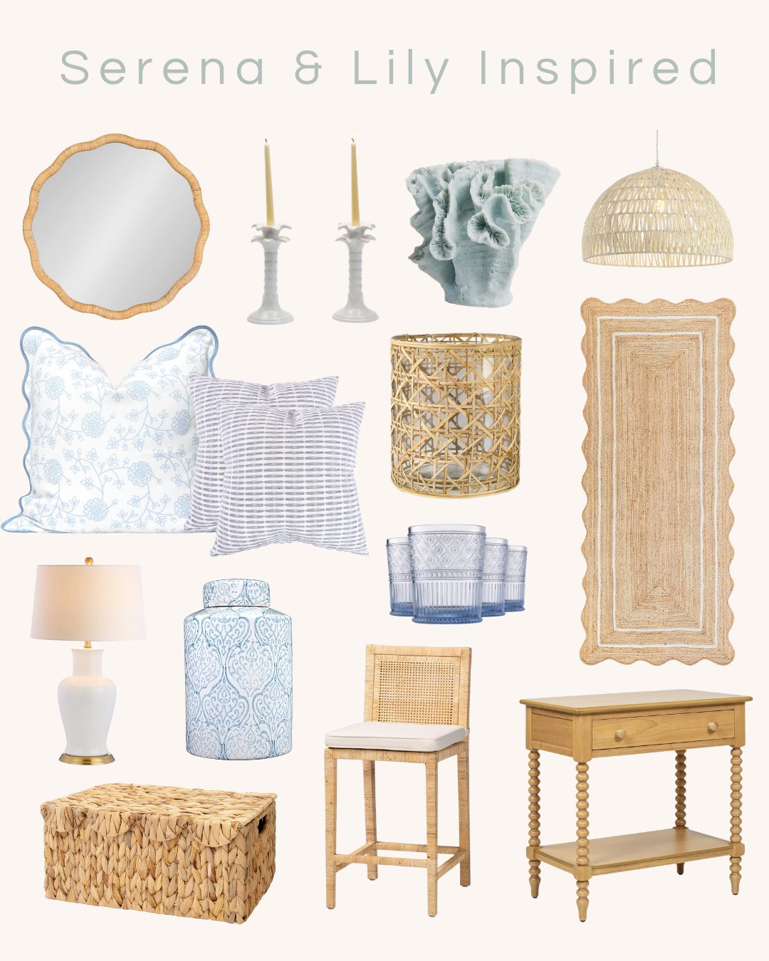 A collection of home decor items including pillows, a rug, a lamp, baskets, glassware, candlesticks, a mirror, a vase, a chair, a table, and a pendant light on a neutral background.