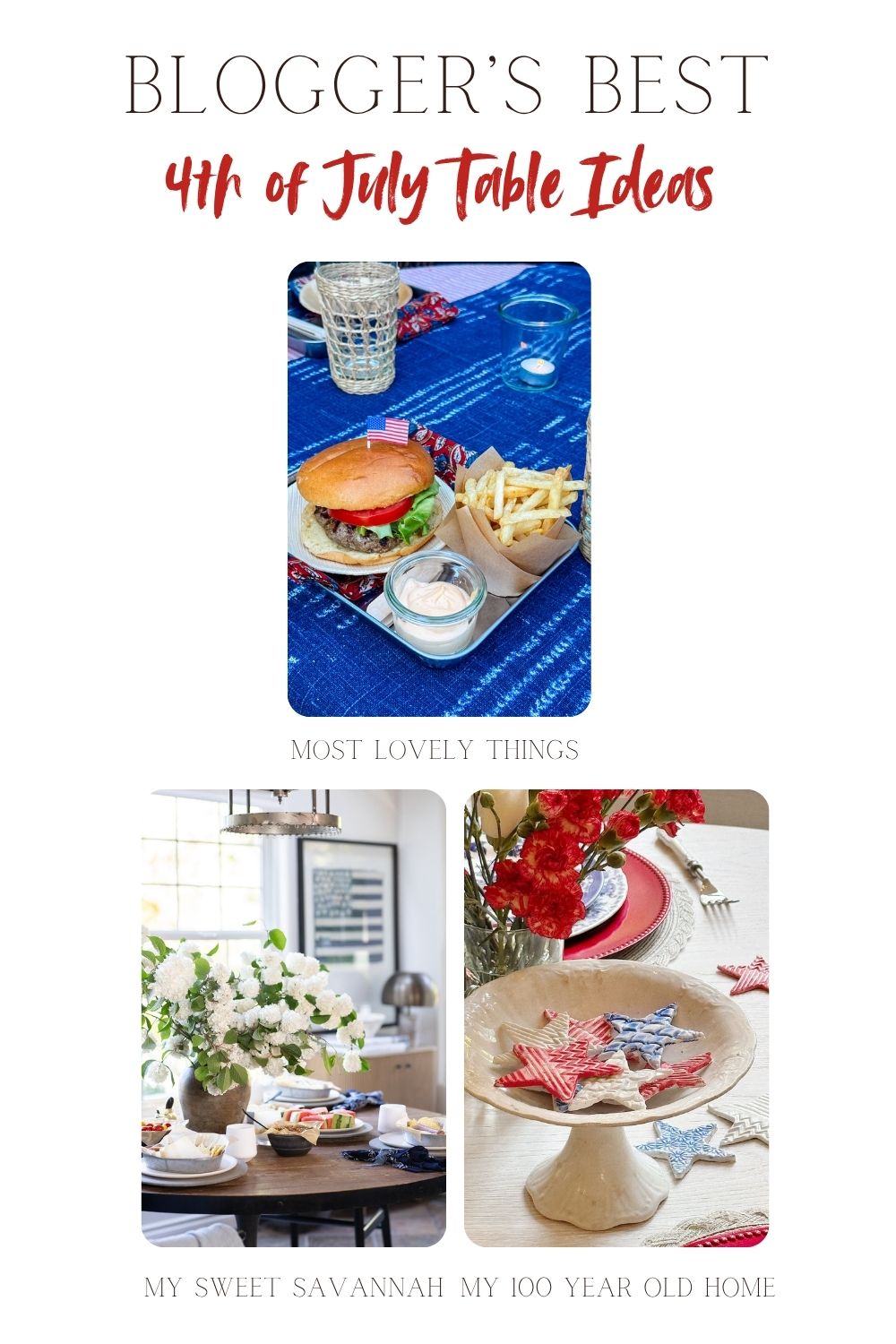 Collage of three 4th of July table settings, featuring a burger and fries, a floral centerpiece, and star-shaped cookies on festive plates.