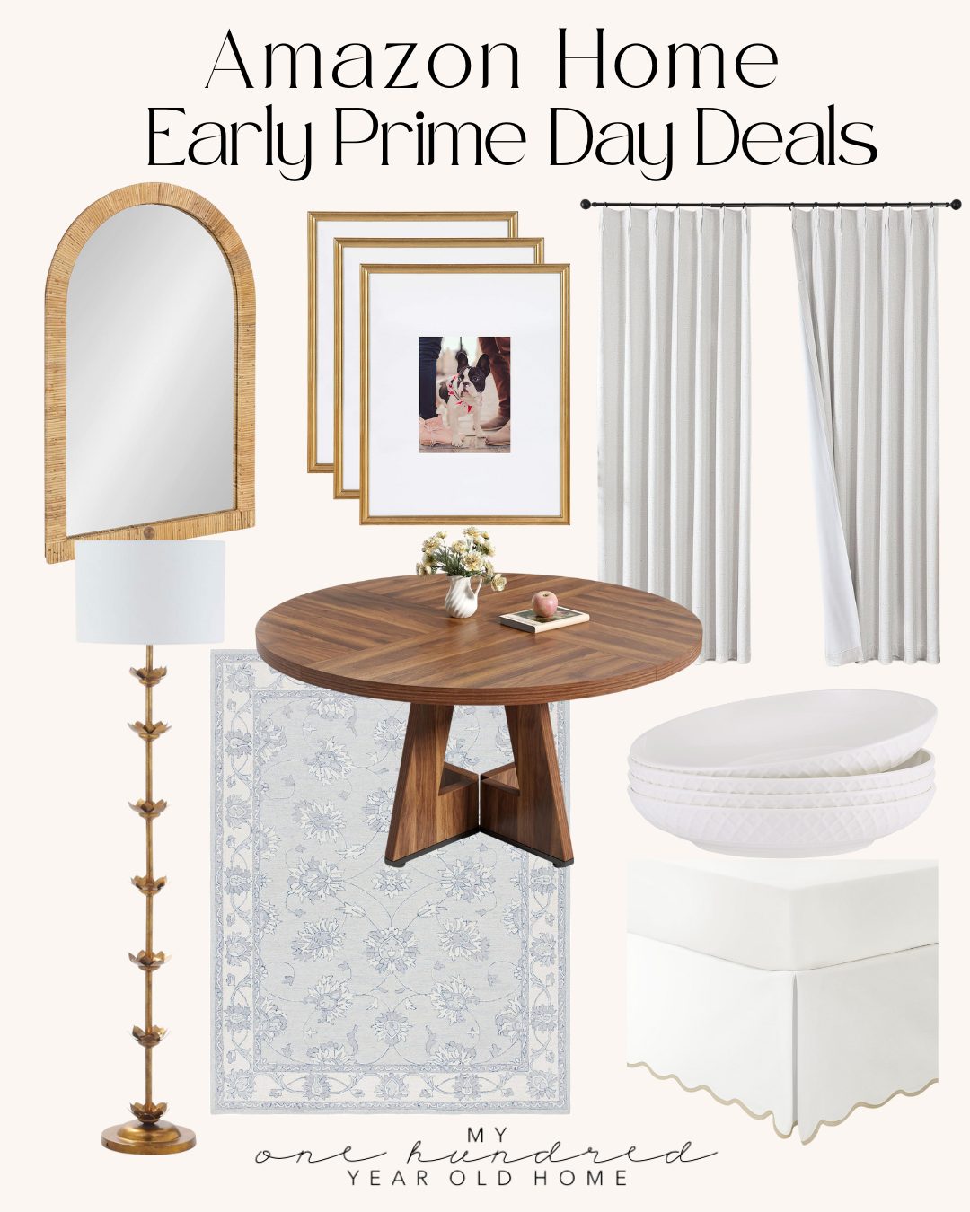 A collage of home decor items including a mirror, framed art, curtains, floor lamp, round wood table, white rug, ottoman, and bed skirt, labeled "Amazon Home Early Prime Day Deals.