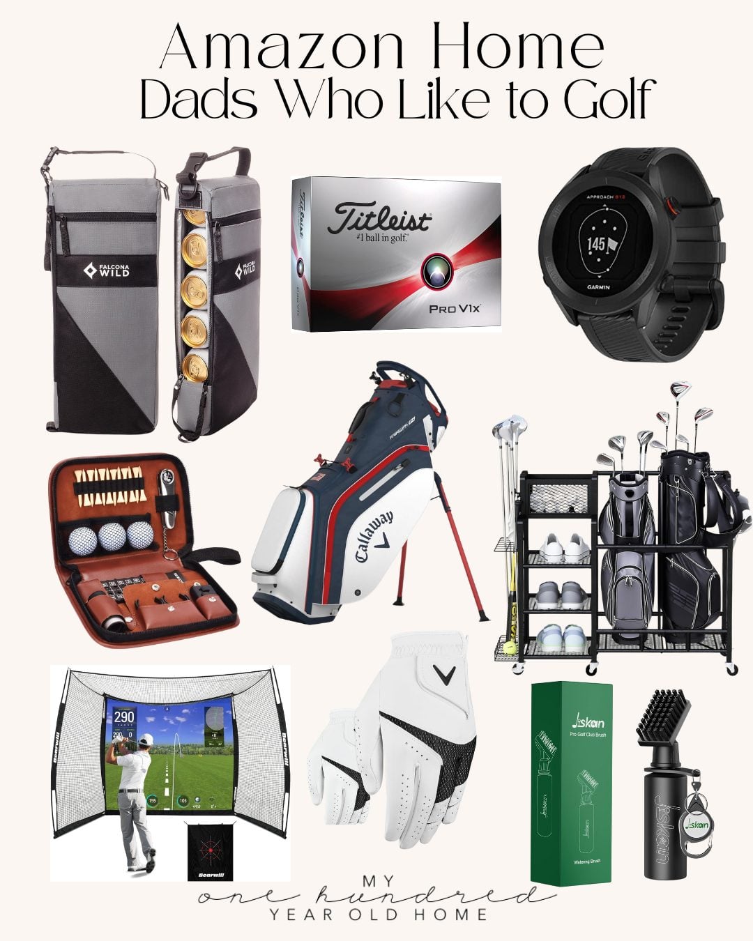 A collage of golf-related products&mdash;including clubs, bags, gloves, balls, a smartwatch, organizer, water bottle, and a golf simulator&mdash;labeled "Amazon Father's Day: Home Dads Who Like to Golf.
