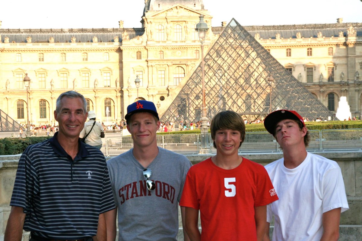 Four people stand in front of the Louvre Museum and its glass pyramid in Paris, France, posing for a group photo.