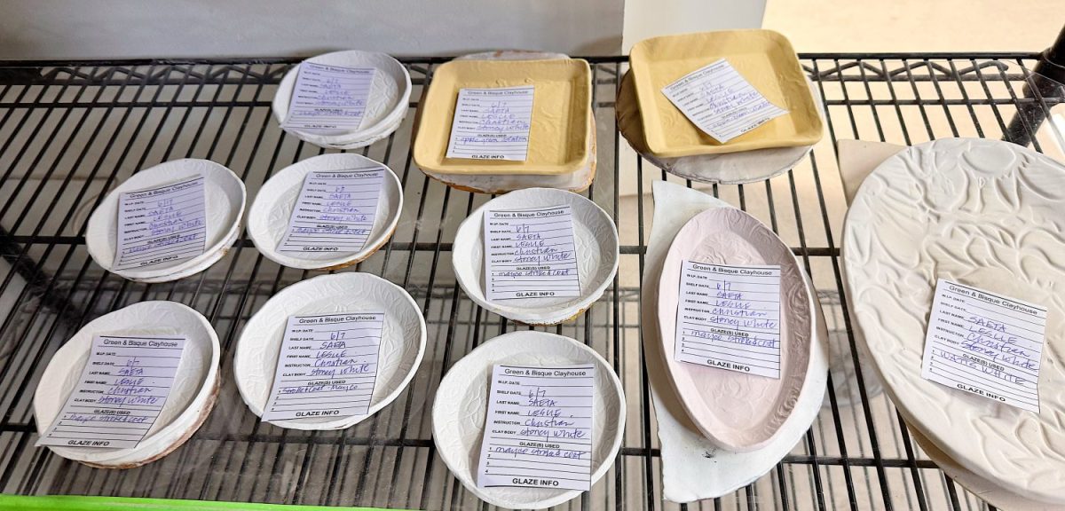 Ceramic plates and bowls with textured surfaces are placed on a metal rack, each with a glaze info sheet on top detailing test results and specifications.