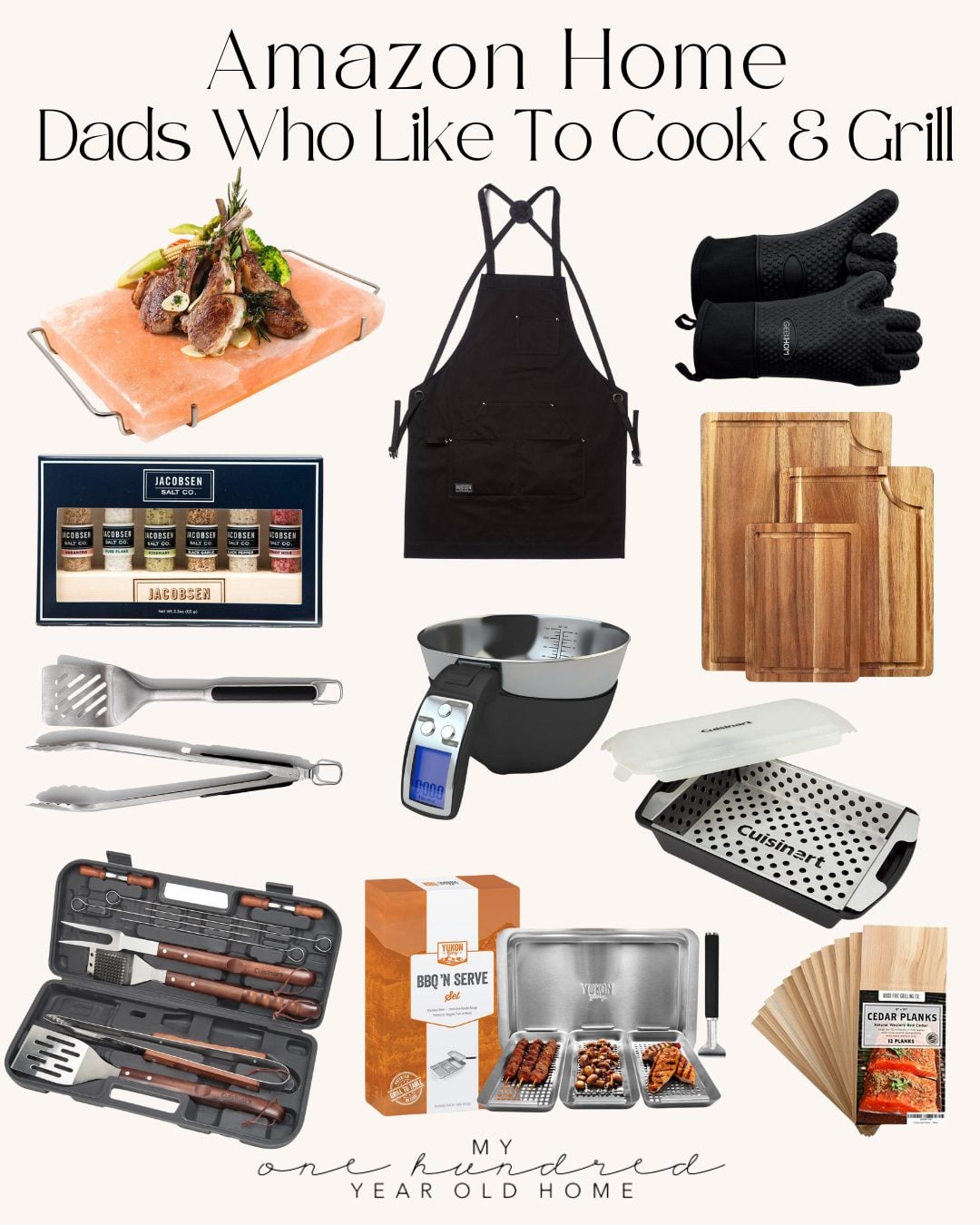 A collage of grilling and cooking tools, including aprons, gloves, cutting boards, knives, a salt block, seasonings, and more&mdash;perfect for dads who love to cook healthy summer recipes. Labeled "Amazon Home Dads Who Like To Cook & Grill.