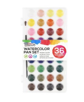 A watercolor pan set with 36 vibrant colors in a plastic case, including a paintbrush—perfect for Creative Crafts and artistic projects. Labeled "Watercolor Pan Set, 36 Colors.