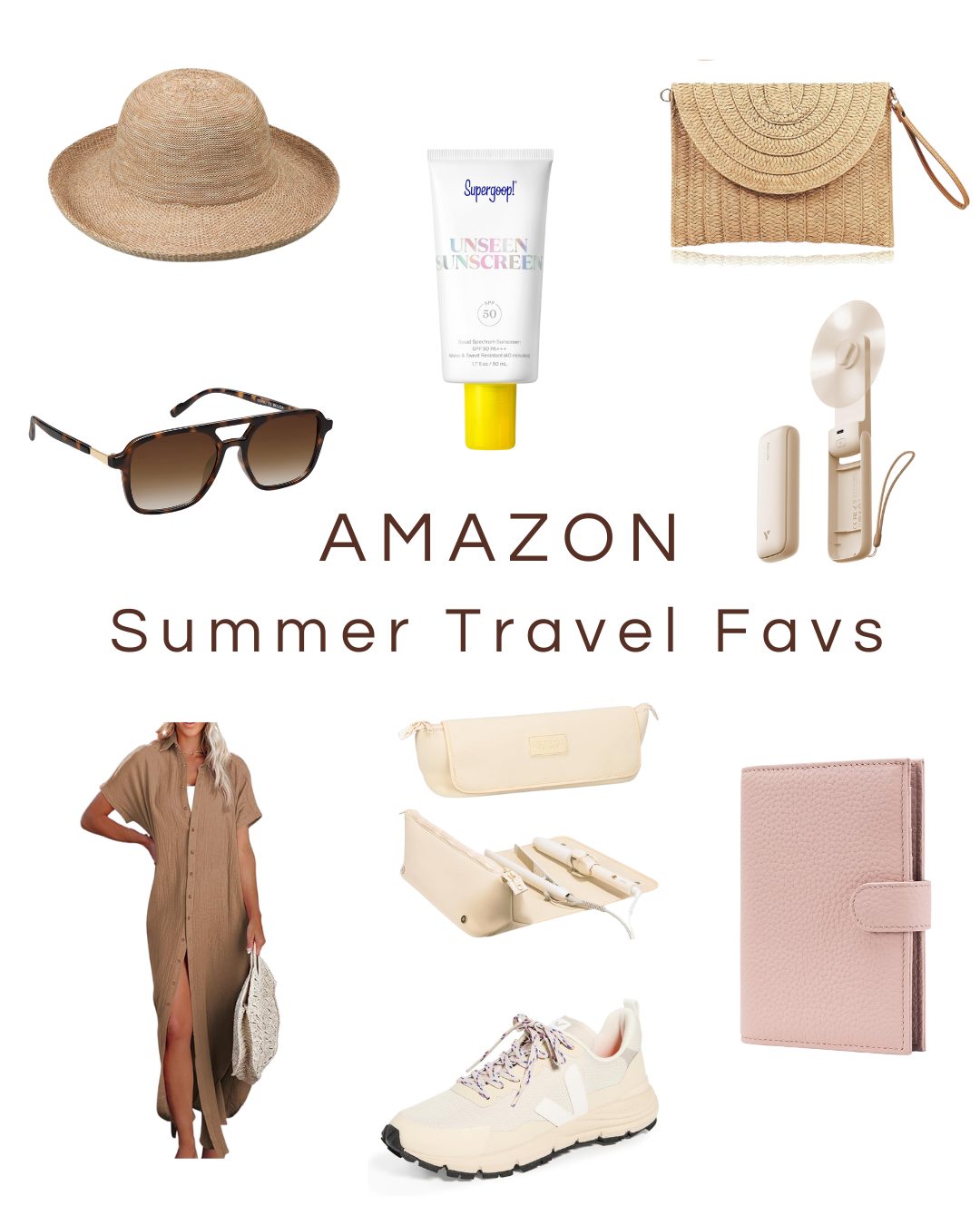 A collage of summer travel essentials from Amazon, including a sunhat, sunscreen, woven bag, sunglasses, fan, dress, makeup bag, sneakers, and a pink planner.
