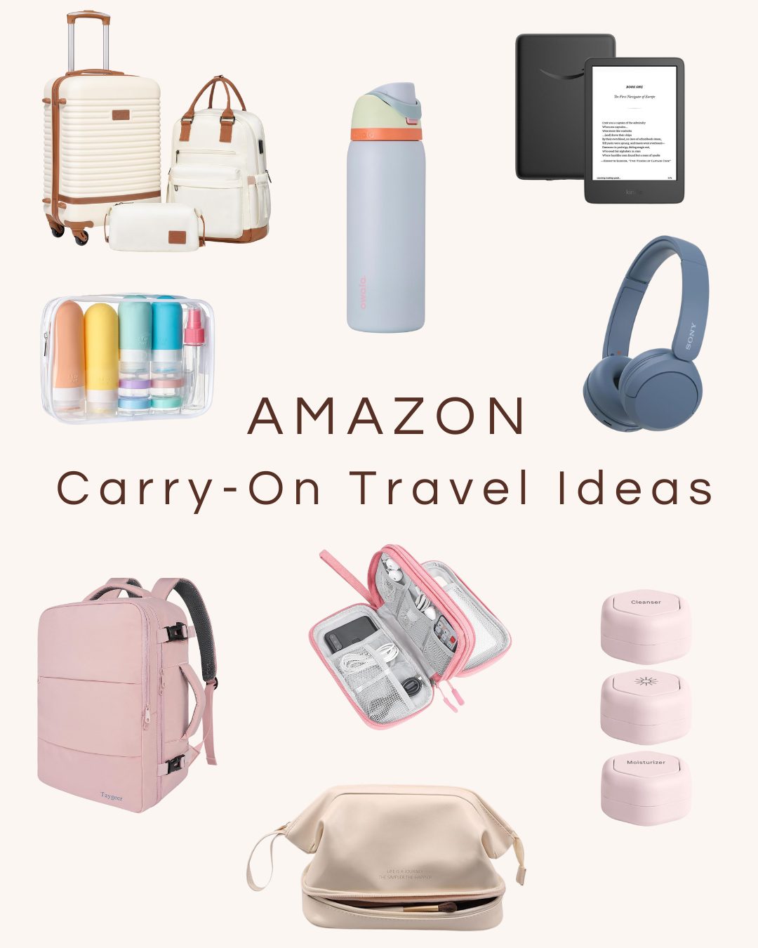 A collage of travel items including luggage, water bottle, e-reader, headphones, toiletry bottles, backpack, organizer pouch, packing containers, and a toiletry bag, labeled "Amazon Carry-On Travel Ideas.
