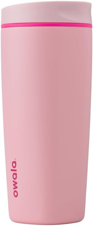 A pink Owala travel tumbler with a fitted lid, featuring the brand name printed vertically near the base&mdash;a stylish pick among The Best Amazon Prime Day 2025 Deals - Day Four.