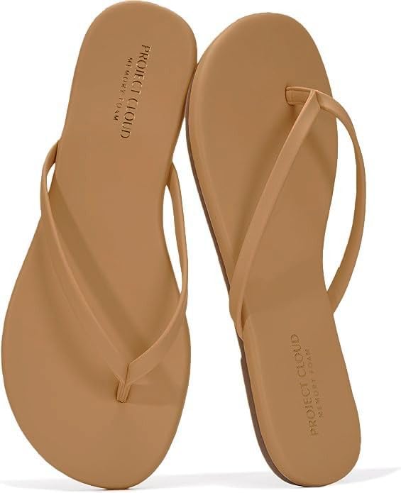 A pair of tan flip-flop sandals with thin straps, branded with "Project Cloud" on the insole&mdash;available for fast delivery with Amazon Prime.
