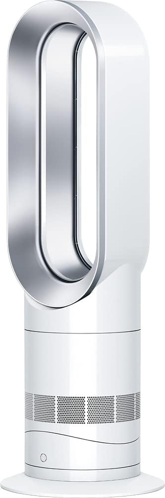 A bladeless, tower-style white and silver air purifier and fan with a circular base and elongated oval opening, perfect for refreshing summer sleep.