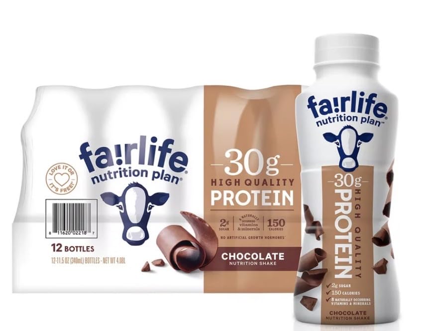 Twelve-pack of Fairlife Nutrition Plan chocolate protein shakes with a close-up of a single bottle beside the packaging, both highlighting 30g protein per serving—perfect for mixing into your favorite Ninja Creami creations.