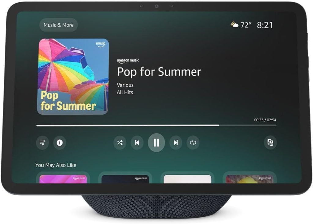 Smart display screen showing the song "Pop for Summer" playing on Amazon Music with playback controls, plus time and weather in the top right corner&mdash;all seamlessly integrated with your Amazon Prime account.