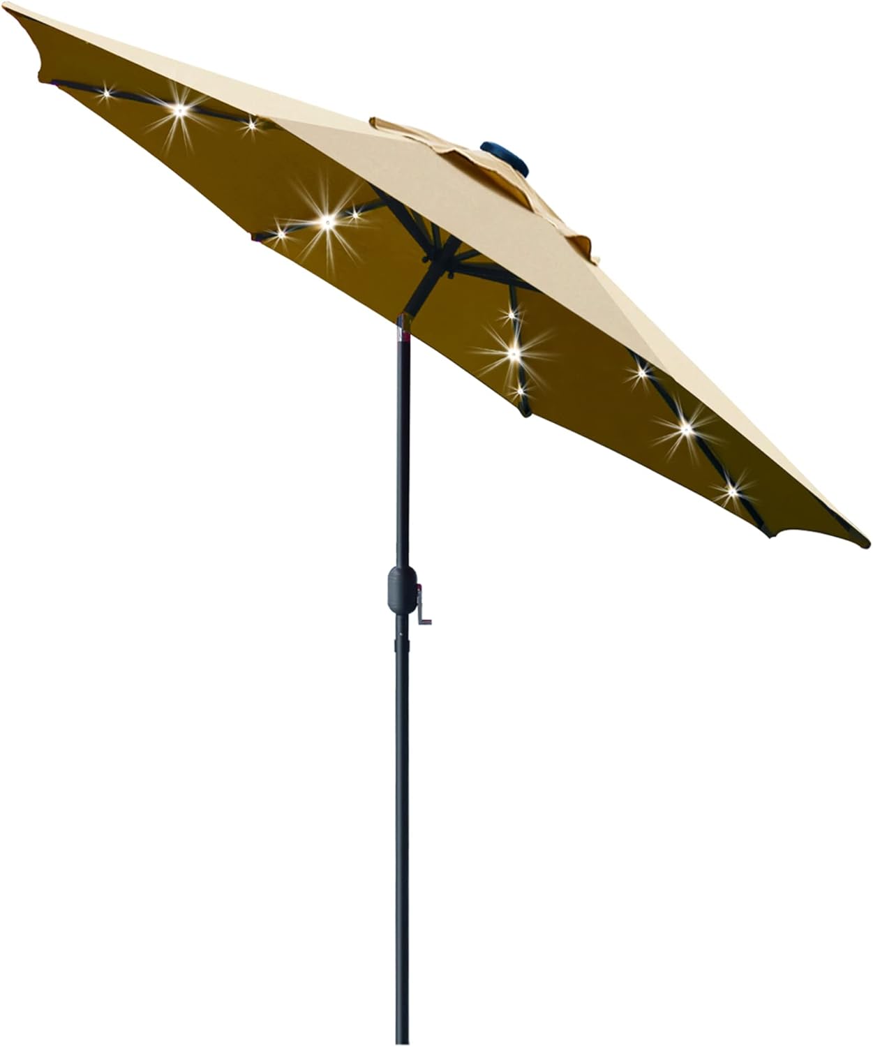 A beige patio umbrella with built-in LED lights on the underside, attached to a black pole, perfect for evening gatherings&mdash;available with fast Amazon Prime delivery.