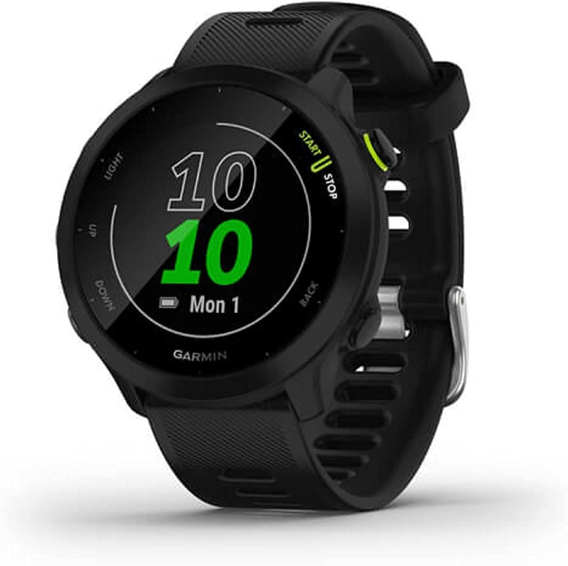 Black Garmin smartwatch with a round face displaying the time, date, and various touch buttons on the bezel. The black silicone strap adds comfort, and it's available for fast delivery with Amazon Prime.
