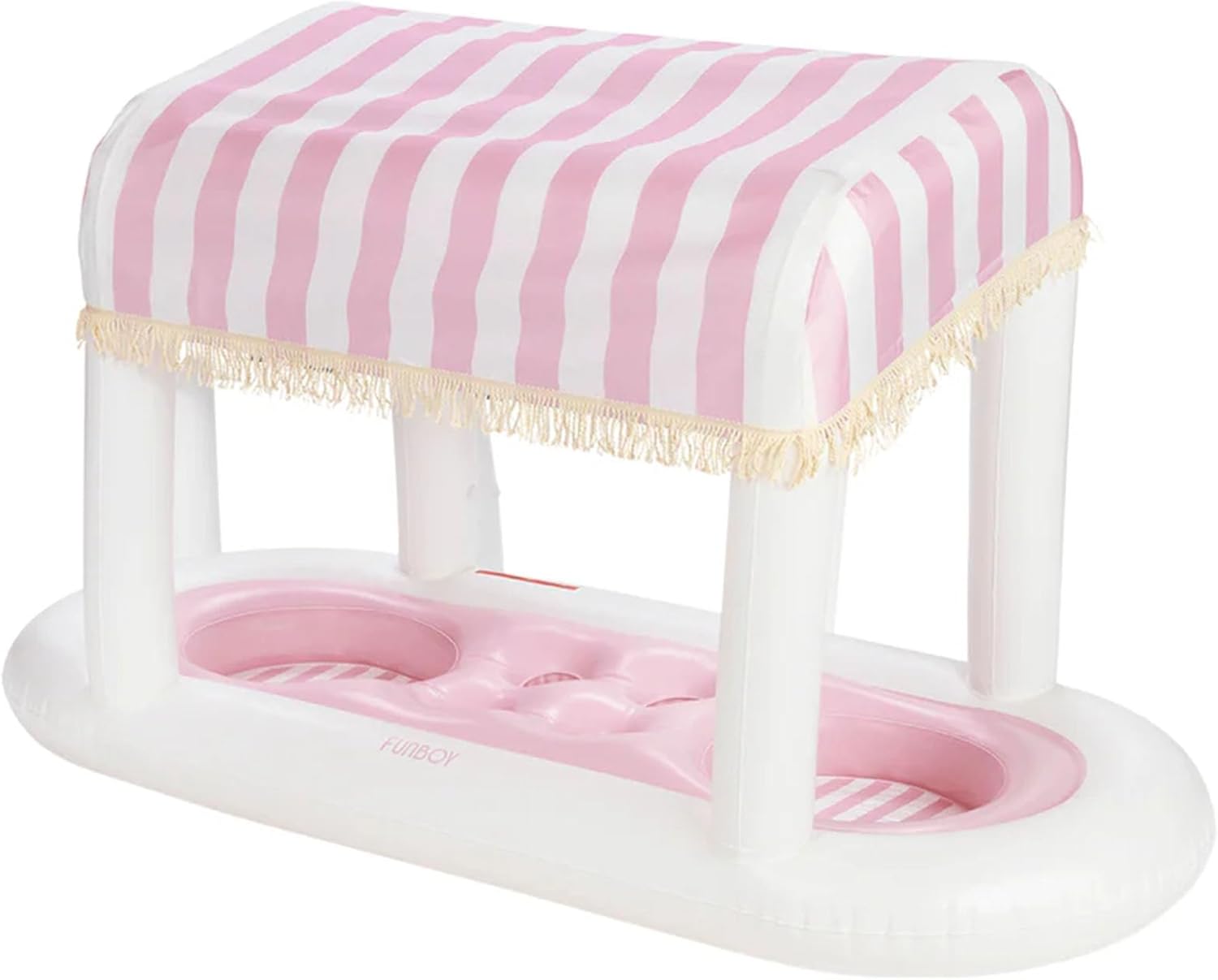 This inflatable pool float with a pink and white striped canopy, two built-in seats, and fringe trim is perfect for lounging. Available on Amazon Prime, it offers the ultimate relaxation delivered fast to your door.