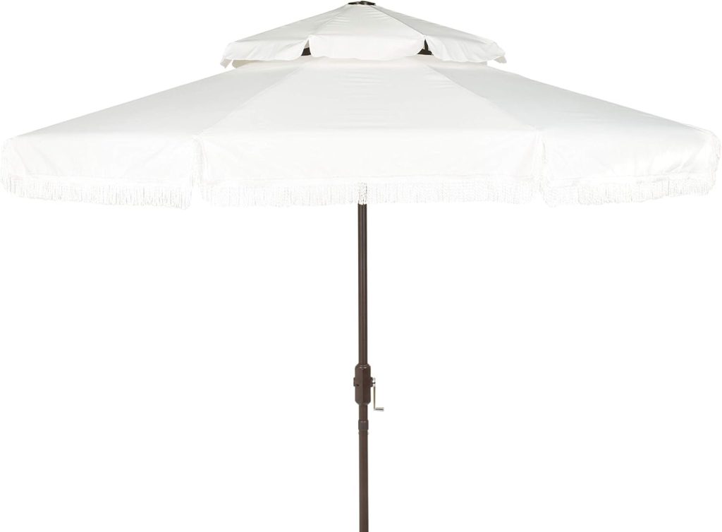 White patio umbrella with fringe trim, supported by a dark pole and crank handle, shown against a plain background—perfect for upgrading your outdoor space this Amazon Prime Day.