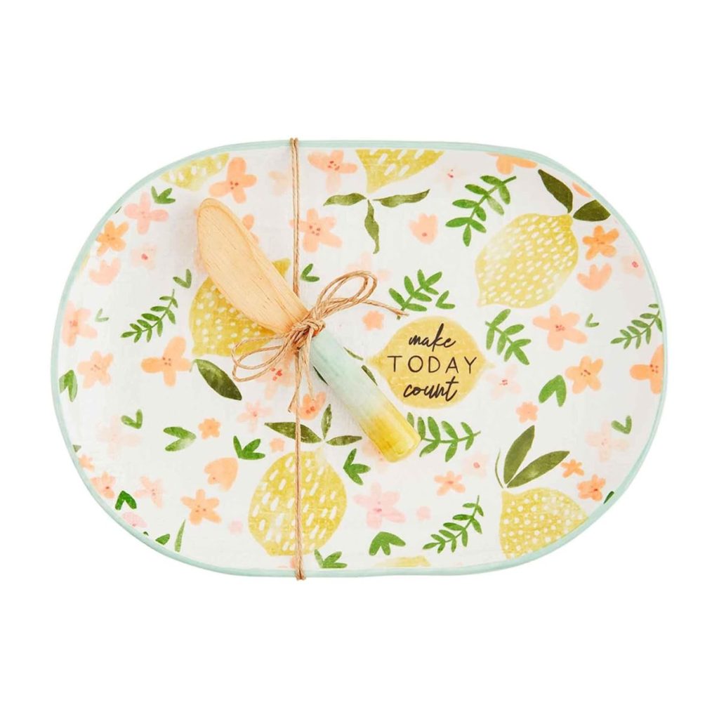 Oval ceramic plate with a yellow and green floral and fruit pattern, perfect for lemon decor lovers. Includes a small wooden spreader tied with twine and a tag that reads "make TODAY count.