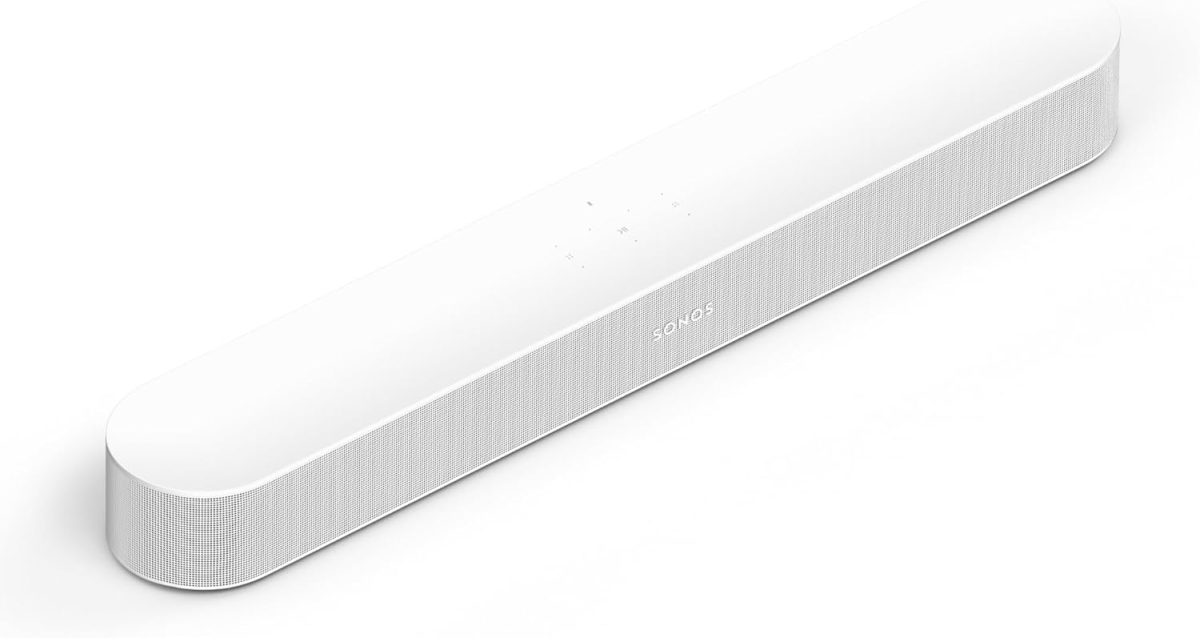 A white Sonos soundbar with touch controls on top, shown on a plain white background—perfect for upgrading your setup this Amazon Prime Day.