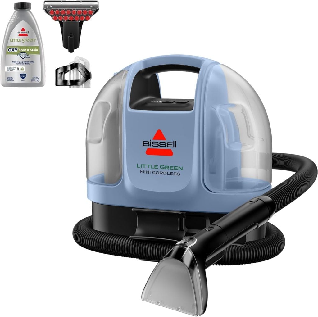 Bissell Little Green Mini Cordless portable carpet cleaner with attached hose, cleaning solution, and brush attachment&mdash;don&rsquo;t miss it in The Best Amazon Prime Day 2025 Deals - Day Four.