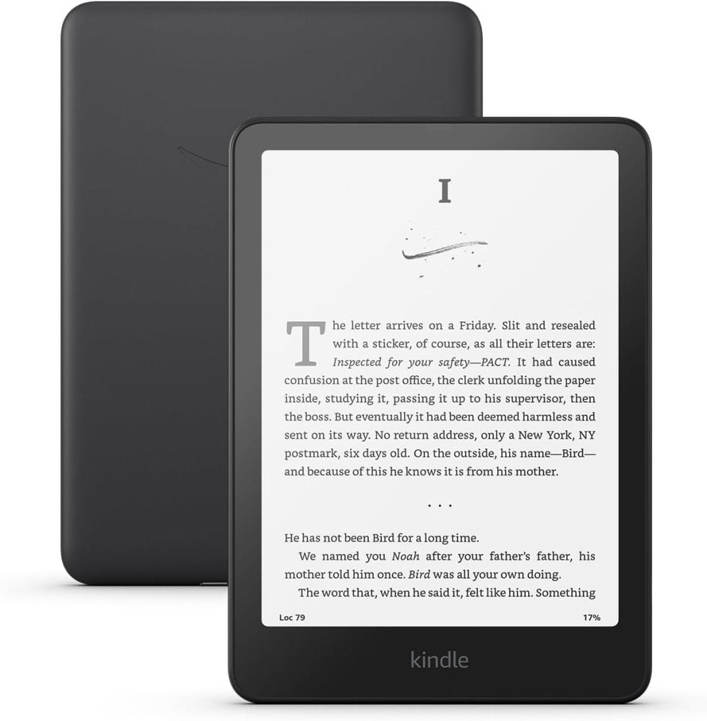 A black Kindle e-reader displays an open ebook with text, perfect for diving into Amazon Prime reading. Another Kindle is shown behind it, displaying its back side. Both devices are set against a white background.