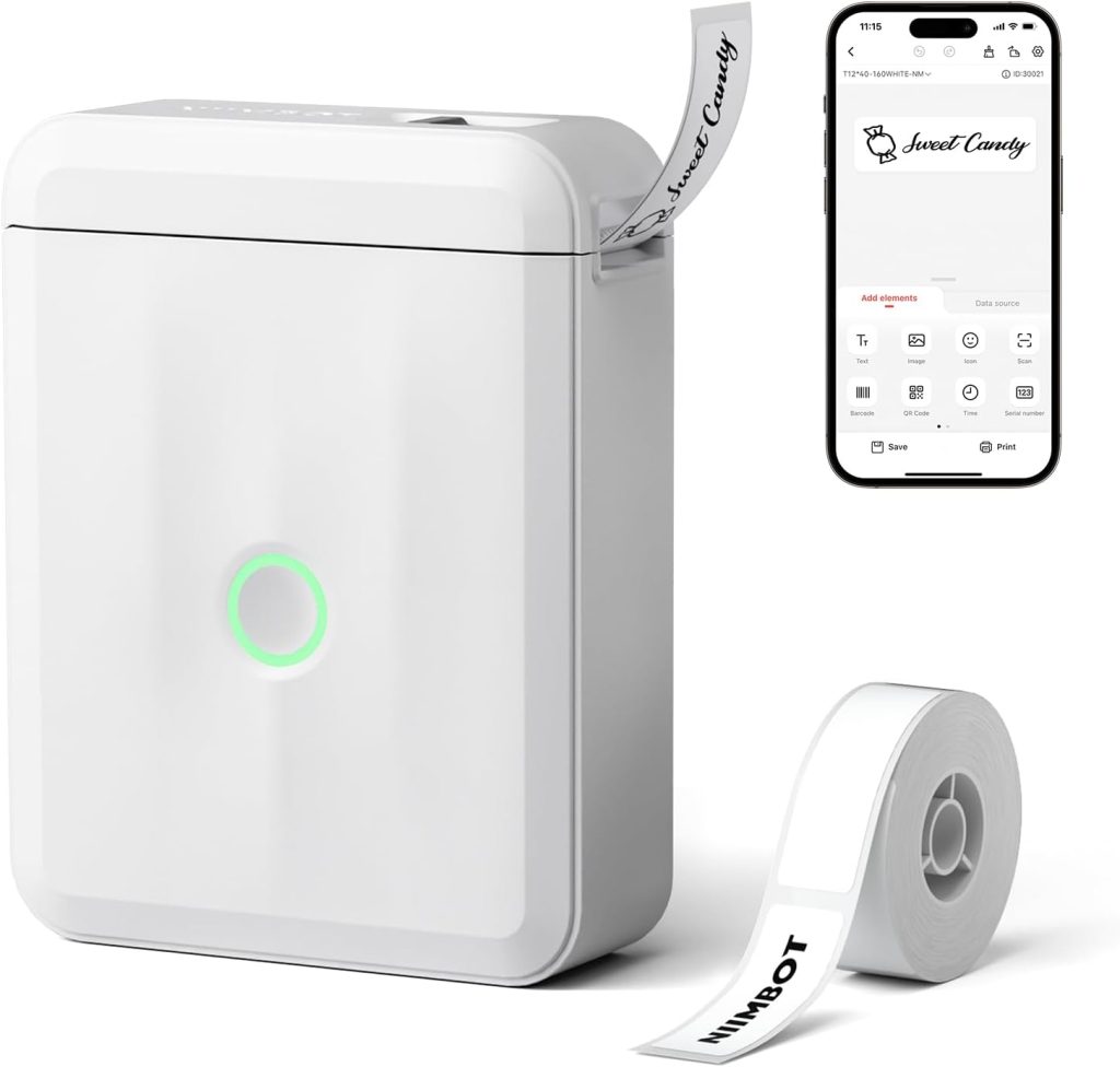 A white label printer with a glowing green button prints a label, reminiscent of the ease and efficiency of using a Ninja Creami. A smartphone shows the printer app, and a roll of labels is displayed in front.