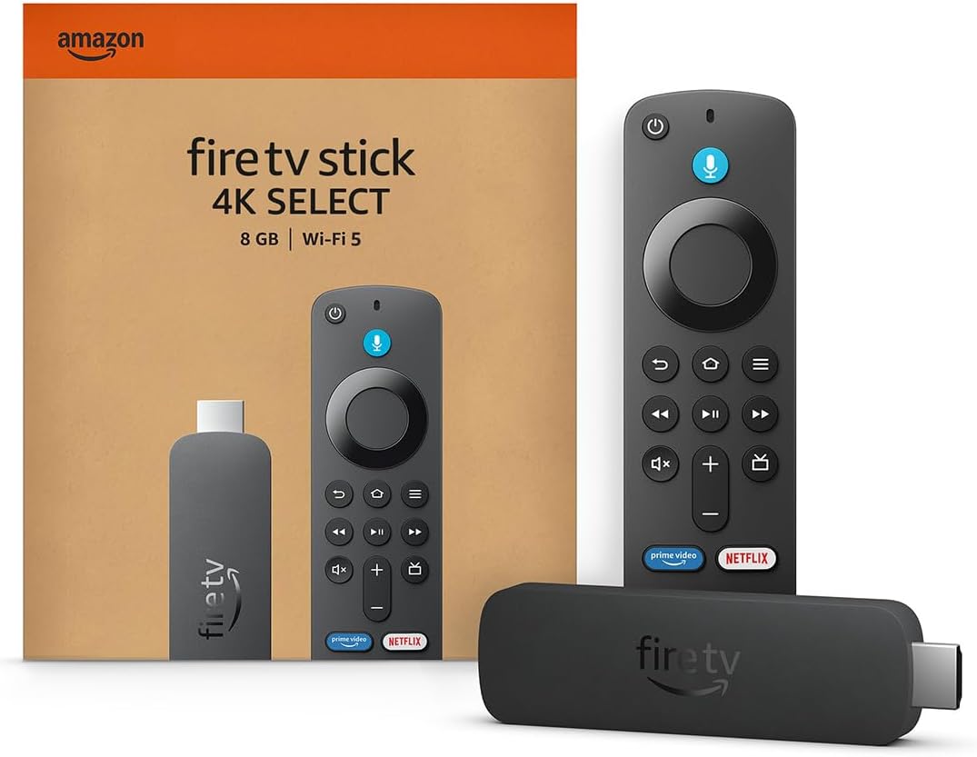 Amazon Fire TV Stick 4K Select package featuring the streaming device, remote control, and retail box with product details&mdash;discover it among The Best Amazon Prime Day 2025 Deals - Day Four.