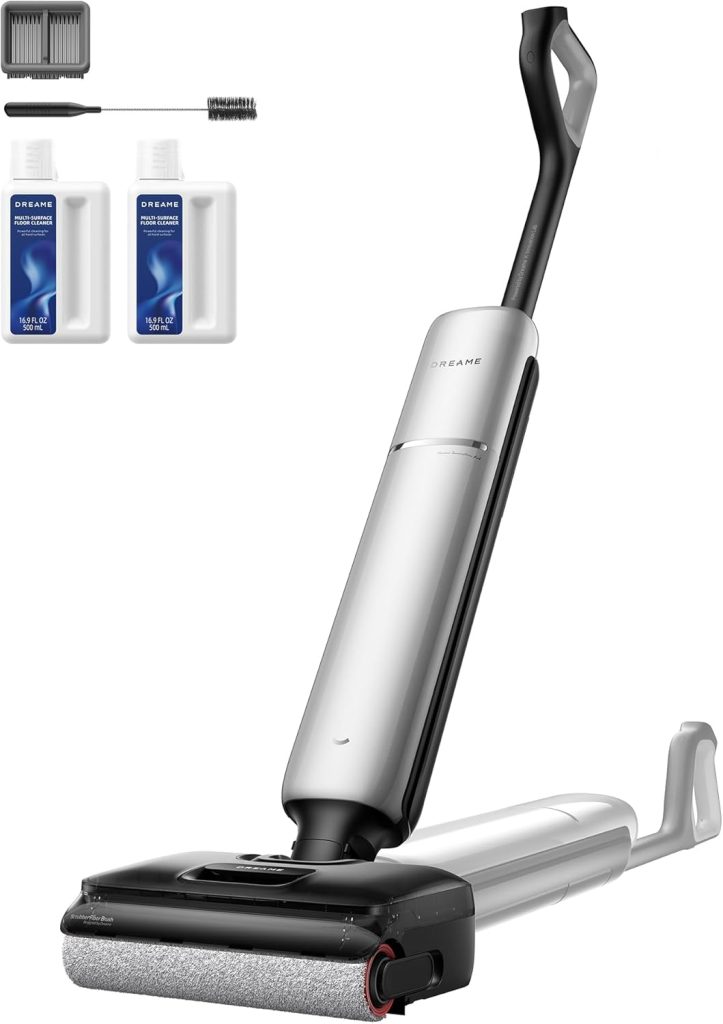 A cordless upright vacuum cleaner with a gray handle, shown alongside two bottles of cleaning solution, a small brush, and two replacement filters—perfect for snagging a great deal on Amazon Prime Day.