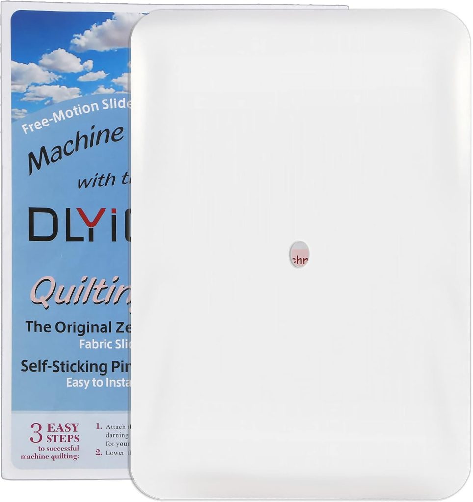A quilting slider product from Creative Crafts features a semi-transparent white sheet partially covering its packaging, which displays text about free-motion quilting and installation steps.