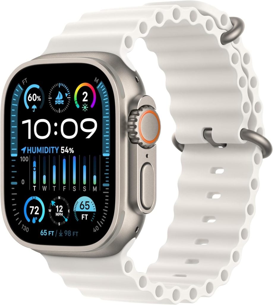 A smart watch with a white textured band displays the time, date, humidity, weather, and activity metrics on its colorful screen&mdash;perfect for quick Amazon Prime notifications.