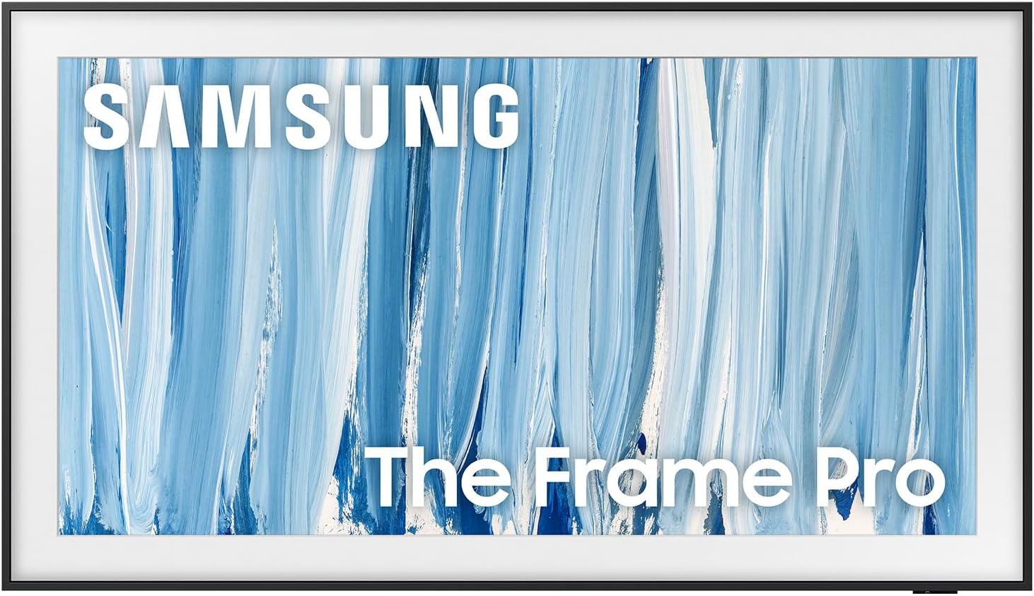 Samsung The Frame Pro TV with a white frame, available on Amazon Prime, displays an abstract blue and white brushstroke art on the screen.