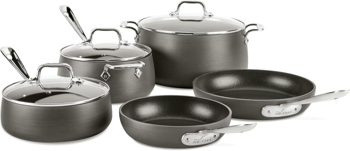 Upgrade your kitchen with this five-piece nonstick cookware set, featuring two frying pans, two saucepans with lids, and a large pot with a lid—all with metal handles. Perfect for stocking up during Amazon Prime Day deals!.