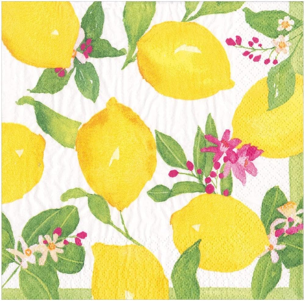 Paper napkin featuring a vibrant lemon decor with whole yellow lemons, green leaves, and small pink and white flowers on a white background with a green border.