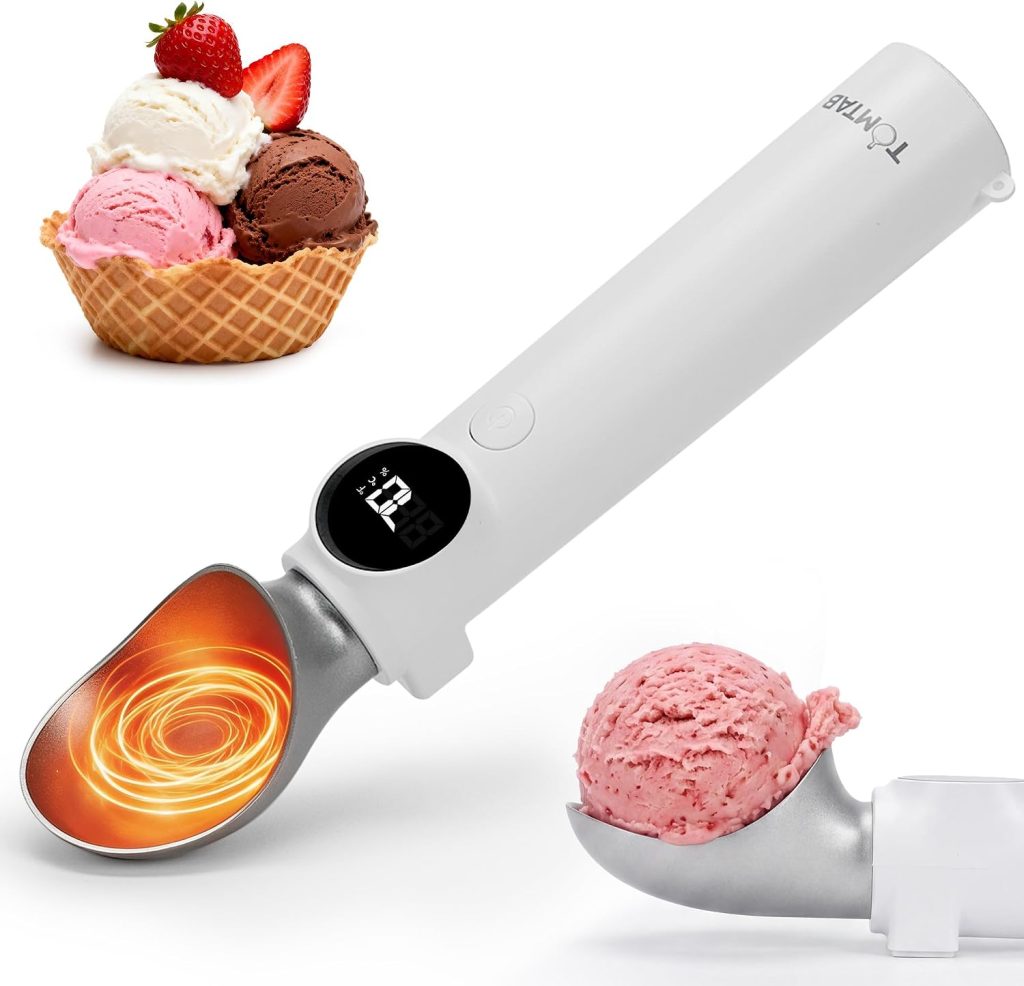 An electric ice cream scoop with a digital display is shown scooping pink ice cream, perfectly complementing a Ninja Creami creation in the background, where a waffle bowl overflows with assorted ice cream flavors.