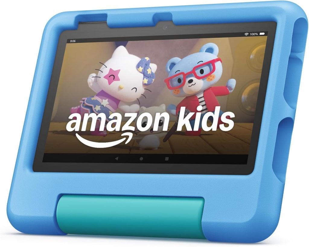 A tablet with a blue protective case displays the Amazon Kids logo over an animated show featuring a cat and a bear character&mdash;perfect for families shopping The Best Amazon Prime Day 2025 Deals - Day Four.