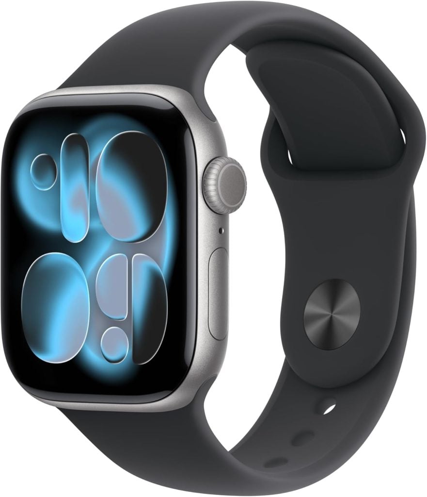 A black smartwatch with a black band, available on Amazon Prime, displays an abstract blue design on its screen; the watch is angled to show the side button and band clasp.