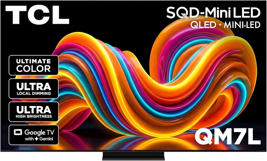 TCL QM7L TV display with colorful abstract swirl, featuring SQD-Mini LED, QLED, local dimming, high brightness, Google TV with Gemini, Ultimate Color highlighted on screen, and easy access to Amazon Prime.