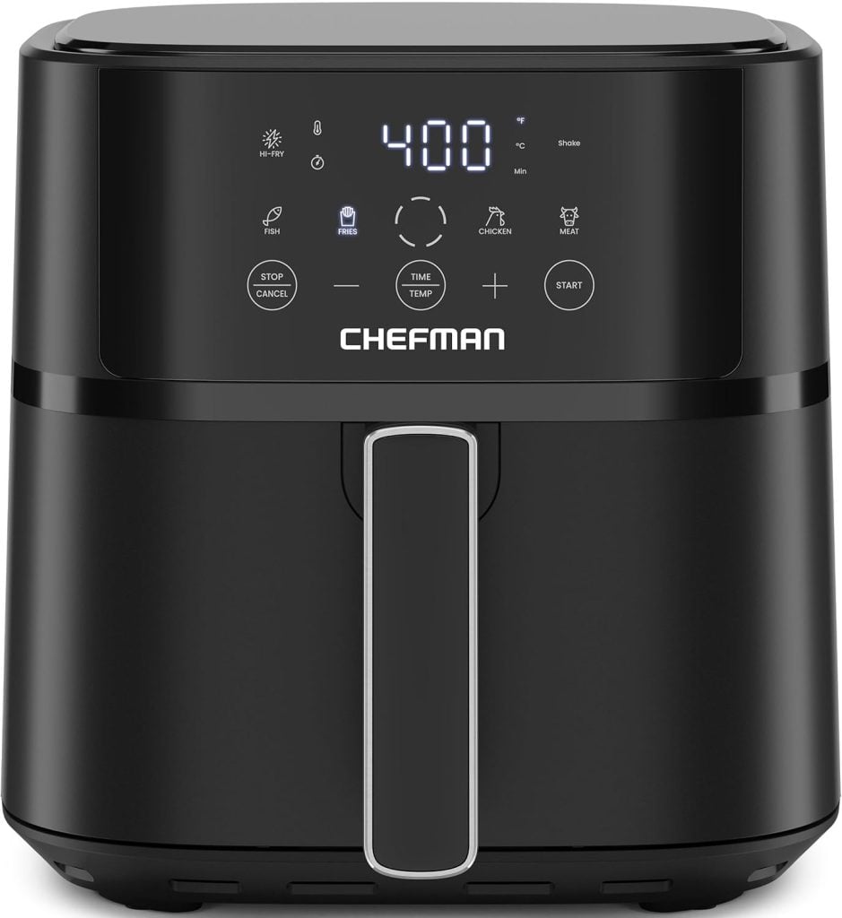 A black Chefman air fryer with a digital display showing 400&deg;F and touch control buttons on the front panel&mdash;one of The Best Amazon Prime Day 2025 Deals - Day Four.