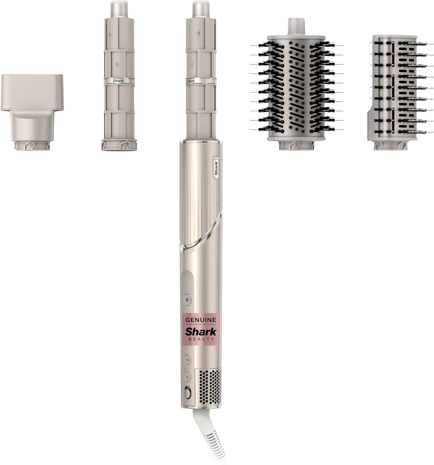 A Shark hair styling tool with four interchangeable attachments, including two brushes and two smoothing nozzles, is displayed on a white background&mdash;discover it among The Best Amazon Prime Day 2025 Deals - Day Four.