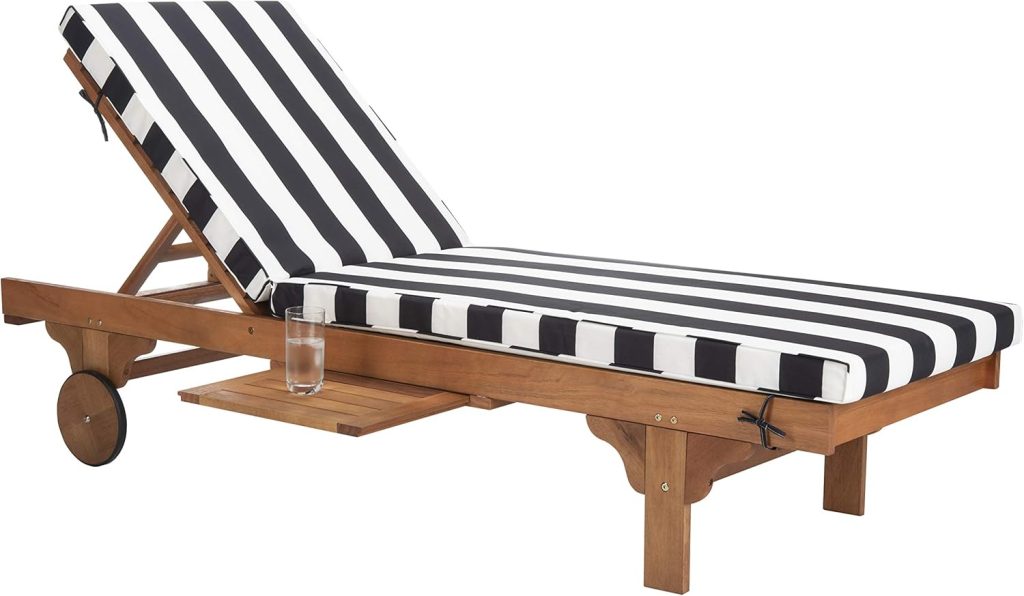 Relax in style on this wooden outdoor chaise lounge with a black and white striped cushion, adjustable backrest, and side tray—perfect for Amazon Prime Day deals. Enjoy a cool glass of water within arm's reach as you unwind in comfort.