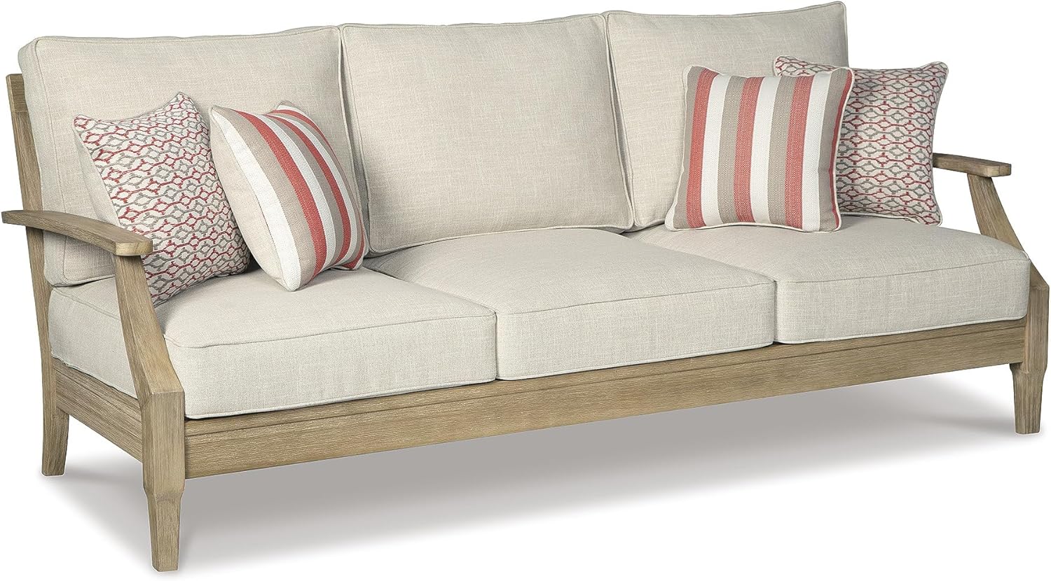 A three-seat beige sofa with wooden frame and arms, featuring three seat cushions, three back cushions, and four decorative pillows with red and beige patterns&mdash;available with fast delivery through Amazon Prime.