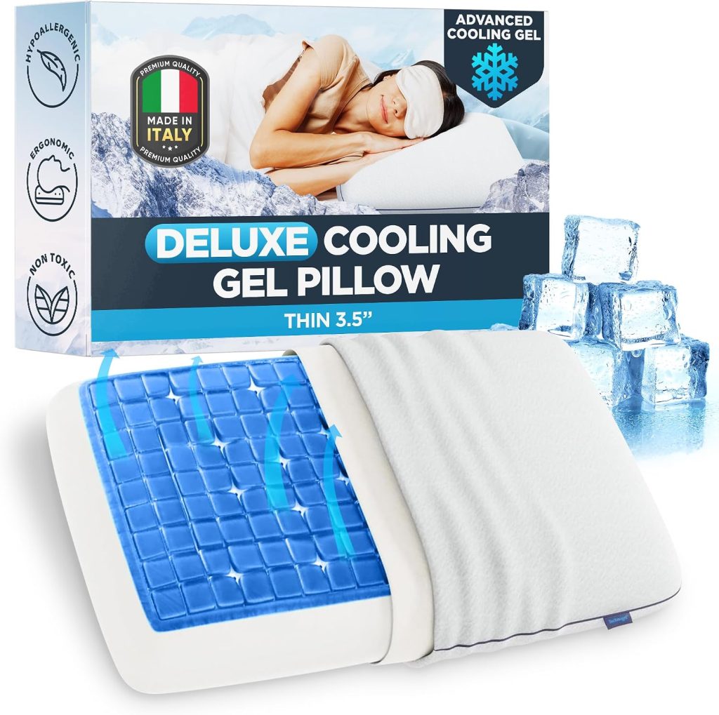 A deluxe cooling gel pillow with a visible blue gel layer, its packaging, and ice cubes shown, emphasizing advanced cooling for refreshing summer sleep and a thin 3.5" profile.