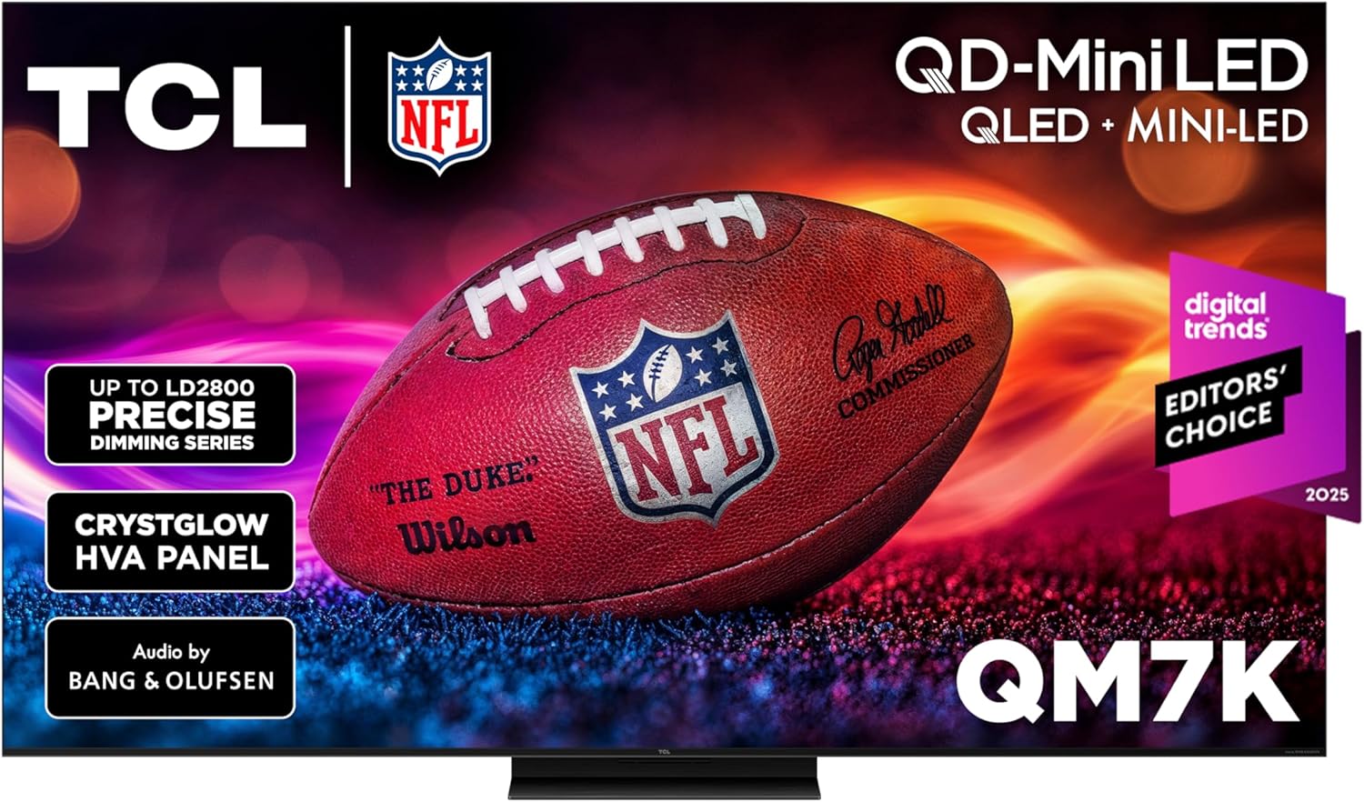 TCL QD-MiniLED TV display featuring an NFL football image, branding logos, highlight features, and a Digital Trends Editors' Choice badge for 2025&mdash;perfect for catching every Amazon Prime game in stunning clarity.