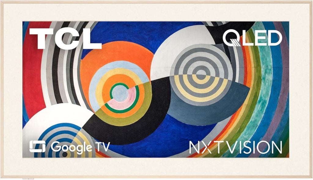 A TCL QLED TV displaying a colorful abstract circular pattern, with Google TV, NXTVISION, and Amazon Prime logos shown on the screen.