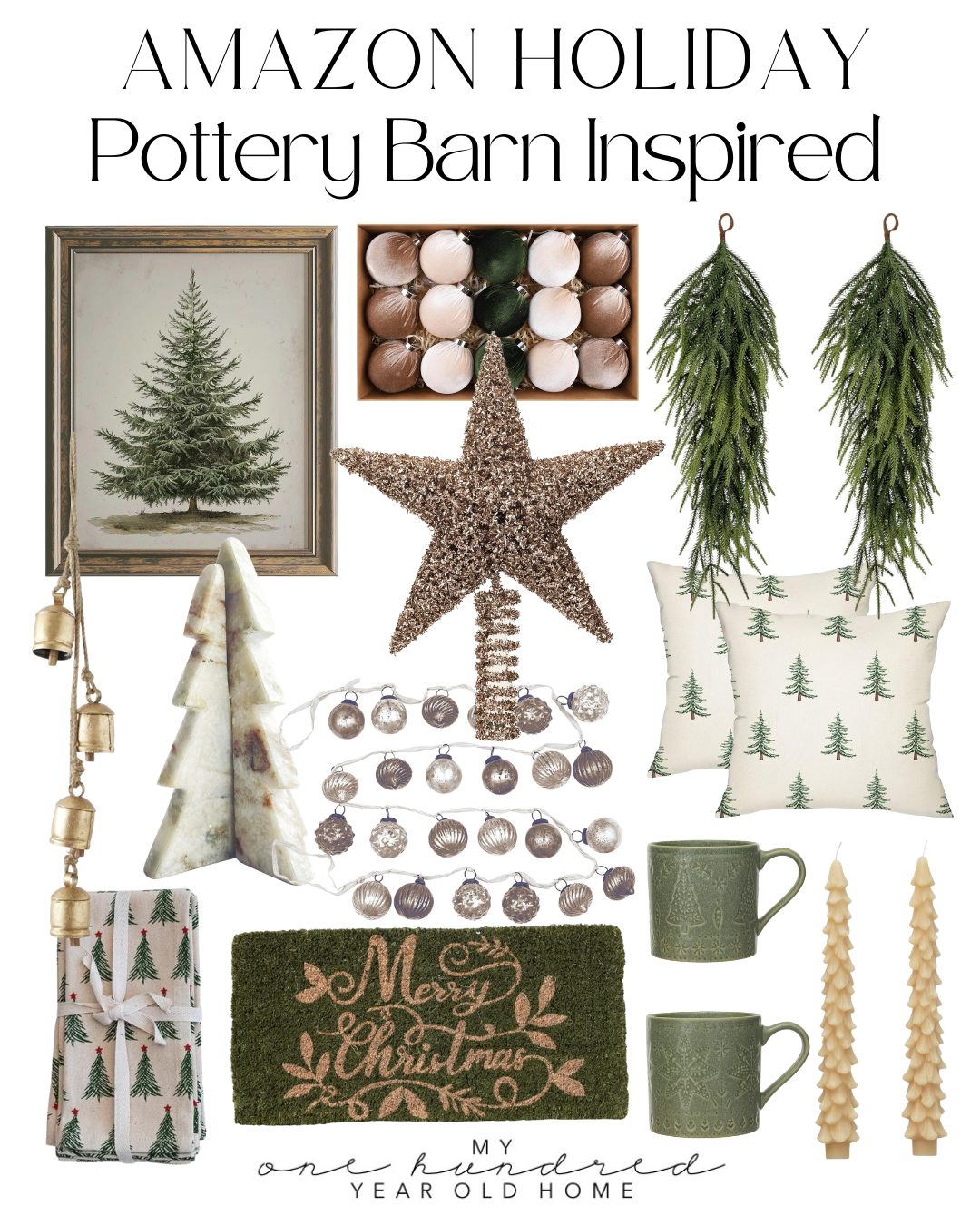 A collection of holiday home decor items including tree-themed art, greenery, star topper, ornaments, mugs, pillows, candles, a doormat, towels, and hanging bells.