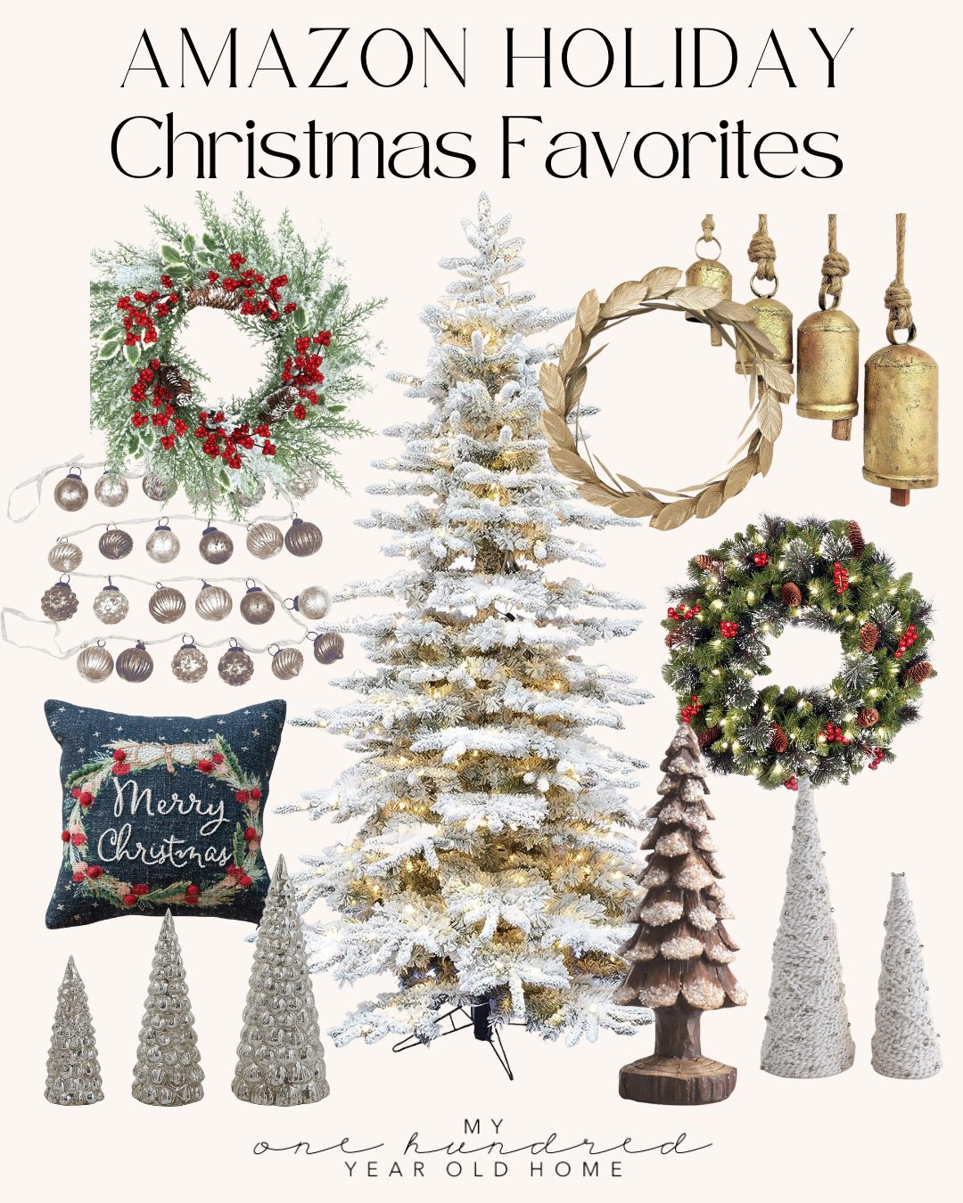 A collection of holiday decorations including wreaths, ornaments, Christmas trees, bells, a pillow, and garlands arranged on a light background with the text &ldquo;Amazon Holiday Christmas Favorites&rdquo;&mdash;perfect for Christmas in July Ideas.
