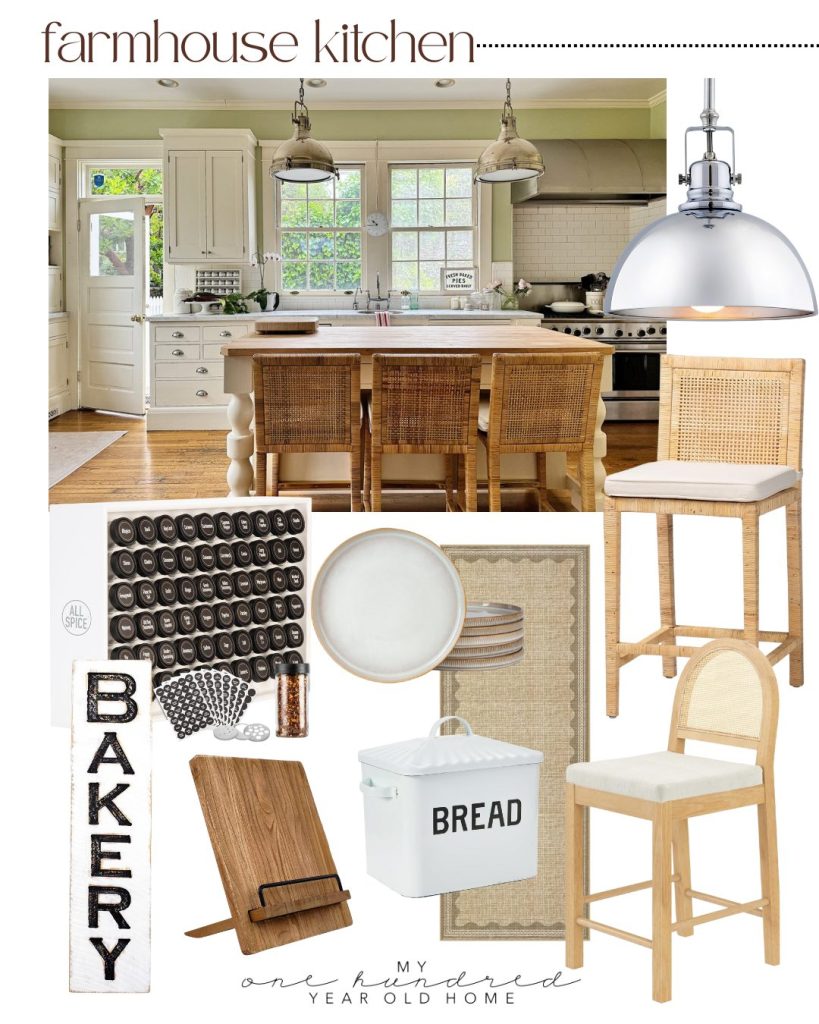 Collage featuring a farmhouse kitchen with white cabinetry, a large island, wooden stools, and assorted kitchen decor like a bread box, plates, cutting board, and bakery sign—capturing the Art of Entertaining in every detail.