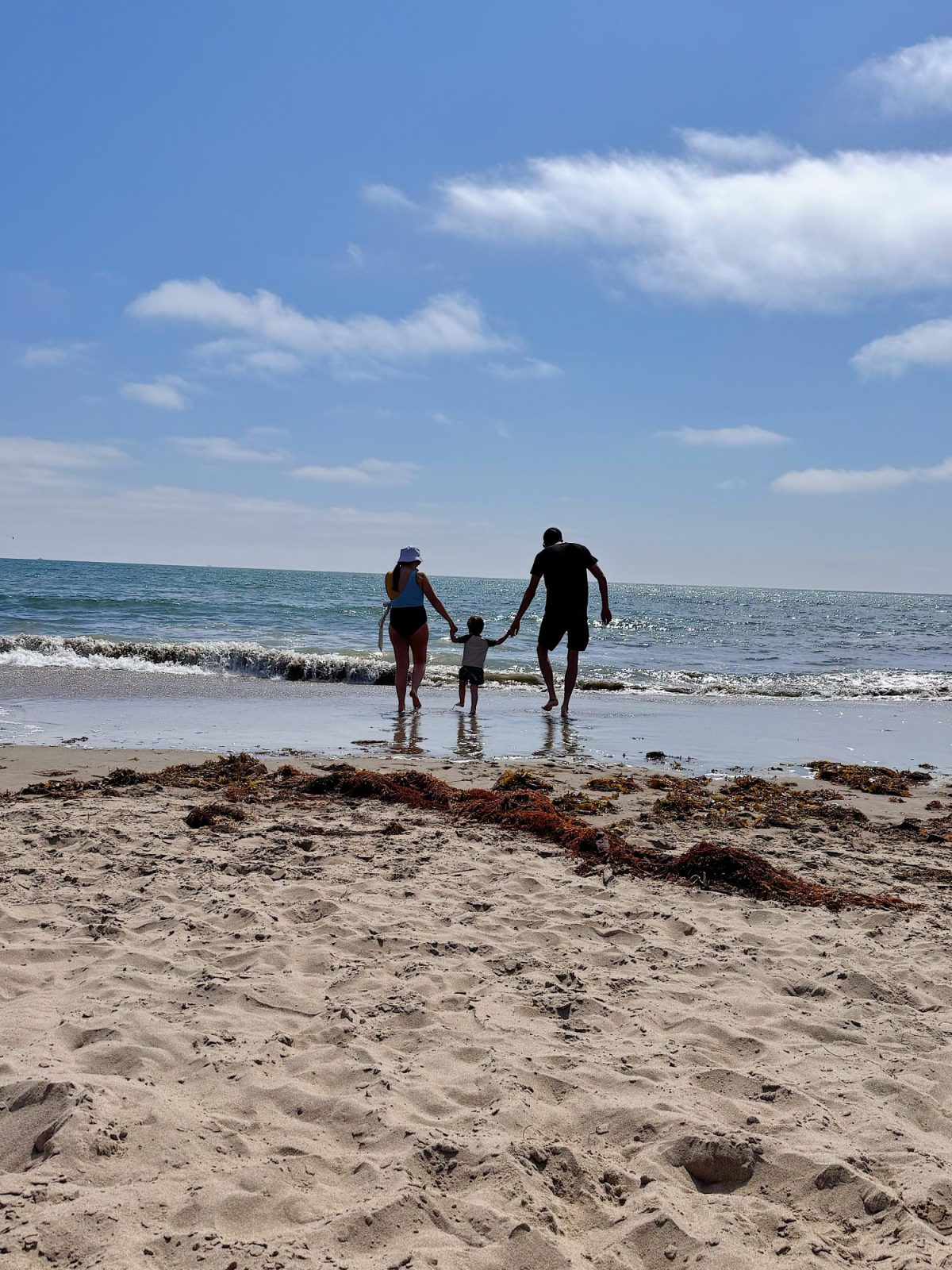 Three people, two adults and a child, hold hands facing the ocean as they stand at the edge of the water on a sandy beach under a partly cloudy sky.