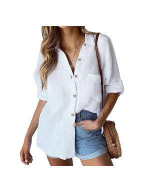 Woman wearing a white button-up shirt with rolled sleeves, denim shorts, layered necklaces, and a round straw bag&mdash;perfect for your next Amazon Prime fashion find.