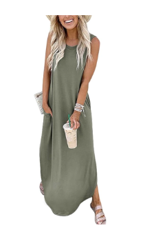 Woman wearing a sleeveless olive green maxi dress, holding a cold drink and a clutch, with sandals and accessories&mdash;perfect for an Amazon Prime find&mdash;standing against a white background.