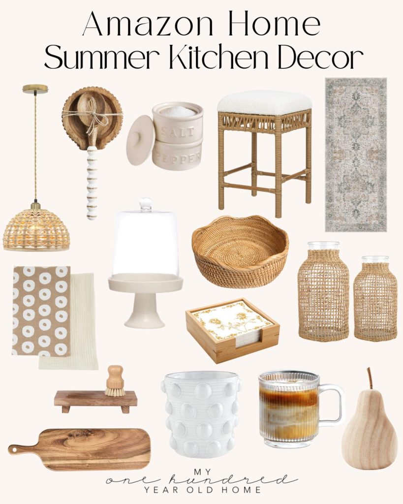 A collage of neutral-toned summer kitchen decor items, including baskets, mugs, jars, a stool, cutting boards, trays, and woven pieces arranged on a light background—perfect inspiration while browsing summer chicken recipes.
